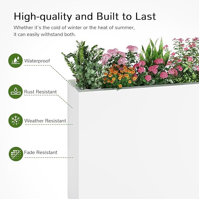 Stoog 38" Large Planters for Outdoor Plants Set of 2, All-Weather Rectangular Metal Planter Box with Removable Insert Shelf, Ideal for Plants, Flowers, Vegetables, Garden, White