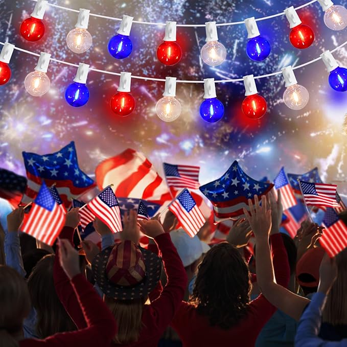 27.8Ft G40 Red White and Blue Lights String with 28 Shatterproof LED Globe Bulbs, for Memorial Day 4th of July Decorations Outdoor & Patriotic Decorations Lights for Home Party Patio Gazebo, 0.6W