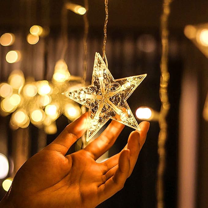 Dazzle Bright Ramadan Curtain String Lights, 138 LED 6.7ft x 3.2ft Warm White Star Moon 8 Lighting Modes Fairy Lights with Remote for Bedroom Wall, Wedding, Outdoor Party, Ramadan Decorations