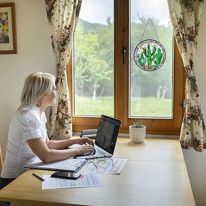 Cactus Decor Suncatcher Indoor/Outdoor Stained Glass Window Hanging - Handmade Stained Glass Suncatchers for Windows Hanging - Outdoor Garden Decor Gift for Women Christmas Thanksgiving Gifts