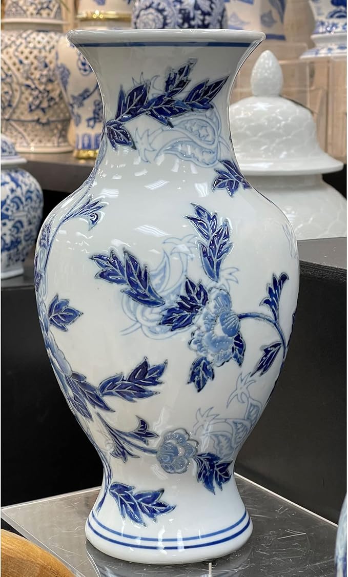 Galt International Blue and White Floral Chinoiserie Ceramic Vase 14" - Hand Painted Antique Style Porcelain Flower Bottle Fishtail Porcelain Chinese Vase for Home Decor Centerpiece