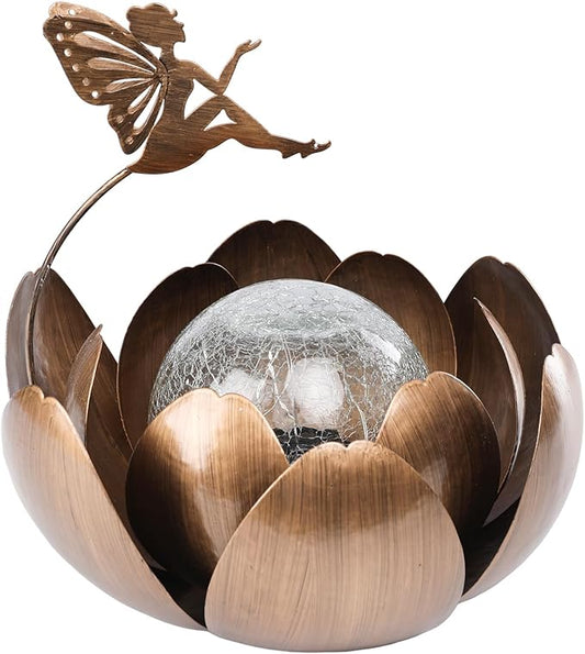 MUMTOP Solar Lights Fairy Garden Decor, Waterproof Metal Solar Lanterns Outdoor Crackle Globe Glass Lotus Flower Table Lamp for for Patio Pathway Yard Balcony Garden Decorations