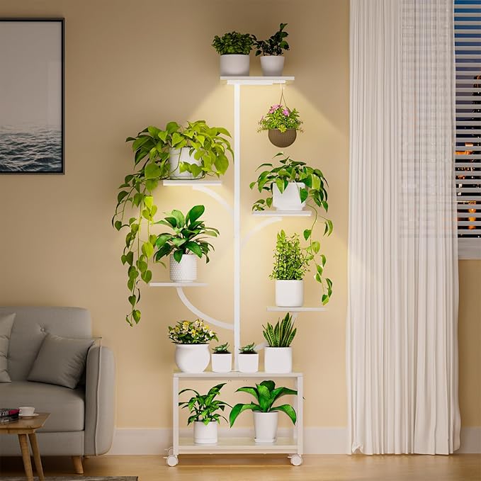 Plant Stand Indoor with Grow Lights, 60" Tall 7-Tier Metal Plant Stand with Wheels & Tree-Shaped Design for Indoor Plants, Flower Holder Display Rack for Home, Patio - White