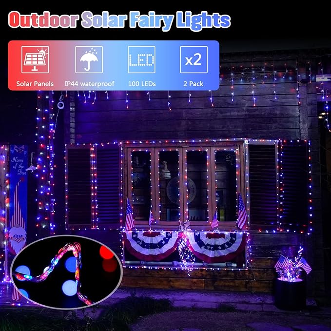 JMEXSUSS 2 Pack Red White and Blue Solar Lights, Each 100 LED 33FT Solar Fairy Lights Outdoor Waterproof, 4th of July Solar String Lights for Independence Day Outside Decorations
