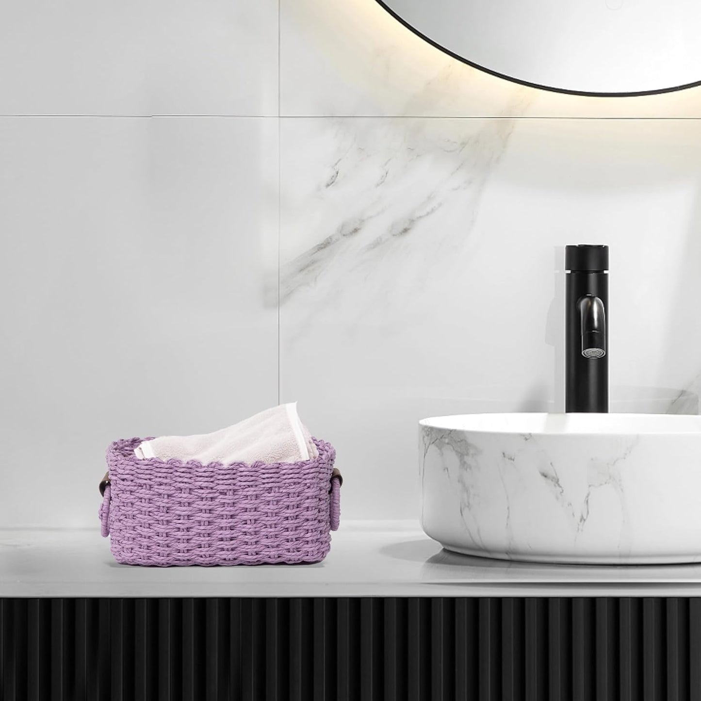 Small baskets for Organizing,Cute woven Storage basket with recycled paper rope for Shelves Bathroom,Little decorative basket,Set of 3 (Purple)