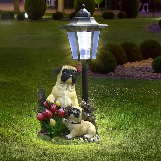 Solar Garden Outdoor Decor Statues Country Farm Pug Dogs with Light,Outside-Outdoor Decorations Sculptures for Patio Yard Lawn Walkway Ornaments Clearance Gifts for Mom Grandma Birthday