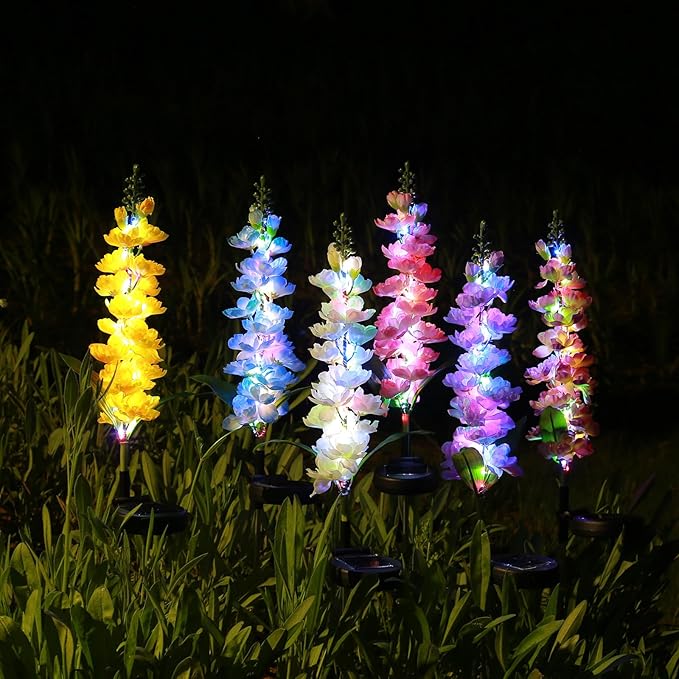 Solar Delphinium Flowers Lights Waterproof Color Lights Upgraded Solar Panel 2 Light Modes Solar Waterproof LED Solar Lights Outdoor for Yard Garden Lawn Pathway Decoration (6)