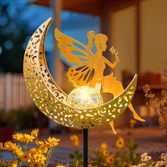 Fairy Moon Solar Lights Outdoor Garden Gifts for Women Yard Decorations Stakes Lights, Waterproof LED Outside Backard Decor, Lawn Patio Ornaments, Mothers Day Birthday Gifts for Mom (Gold,1Pack)