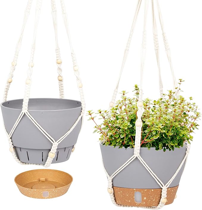 QCQHDU 2 Pack Hanging Planters for Indoor Plants, Outdoor Hanging Baskets, Self Watering Pots with Drainage Holes & Removable Tray (Light Grey, 10 inch, Macrame Hanger)