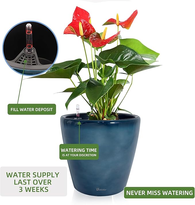 Dexceder 15x14 Self Watering Planter with Wheels Indoor Outdoor, Inner Pot Design, Thickened Large Floor Standing Flower Plant Pot with Water Level Indicator (Grayish Green Gradient)