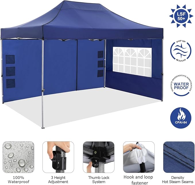 COBIZI 10x15 Pop up Canopy Heavy Duty Tent with 4 sidewalls Commercial Outdoor Canopy Event Tents All Season Wind & Waterproof Gazebo with Carry Bag, Dark Blue(Frame Thickened)