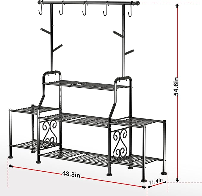 GIOTORENT 3-Tier Tall Metal Plant Stand Indoor Outdoor - Heavy Duty Plant Shelf for Garden, Patio, Balcony with 5 Hanging Hooks, Holds 16-25 Plants, Black