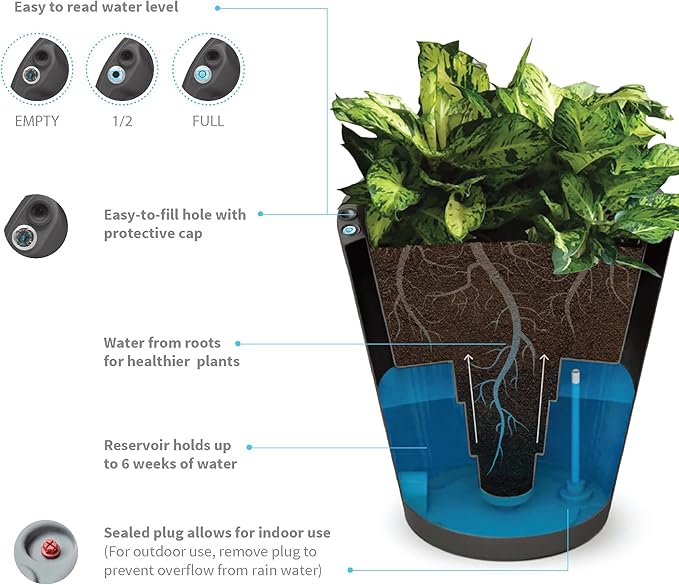 Crescent Garden Dot TruDrop Indoor/Outdoor Planter, Self-Watering Plant Pot, 16 Inches, (Caviar Black)
