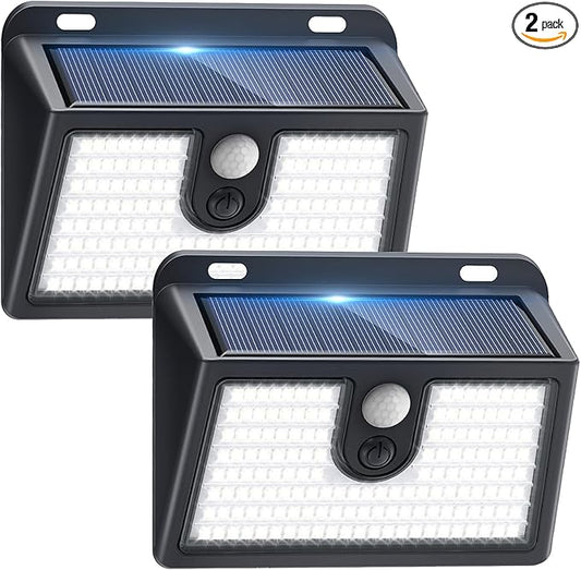 Solar Lights Outdoor Motion Sensor, 2 Pack 149 LED Waterproof Solar Powered Fence Lights, 3 Lighting Modes Security Wall Light for Outside Backyard Deck Garden Door Step Walking Dog, Cold Light 6500K
