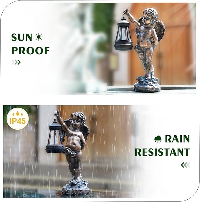 MININOVA Angel Statues Garden with Solar Lantern Outdoor Cherub Decorations Patio Yard Lawn Ornaments Housewarming Gifts for Mom Grandma Women