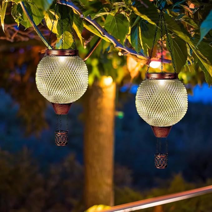 Starsoul 2 PC Cage Hot Air Balloon Solar Lantern with Flame Glass Outdoor Hanging Hot Air Balloon Solar Light Lamp Waterproof Garden Patio Yard Party Decorations