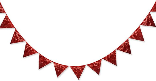 Pinkblume Red Decorations Double Sided Sequin Fabric Triangle Pennant Banner Flag Bunting Garland for Theme Nursery Classroom Home Bedroom Wall Valentines Day Holiday Christmas Decor
