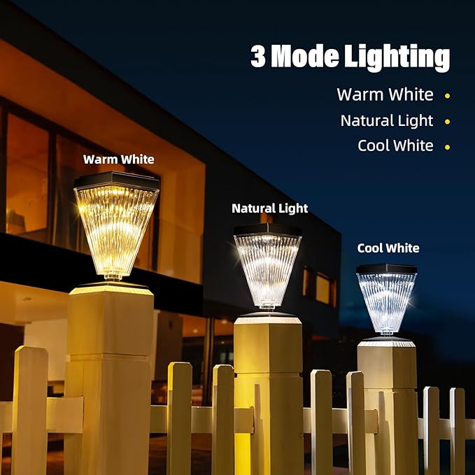 Outdoor Solar Post Caps Lights-4 Pack Waterproof Solar Fence Post Solar Powered Deck Post Lights,High Brightness Warm White Led Post Lights fits 4x4, 5x5,6x6 Wooden Post