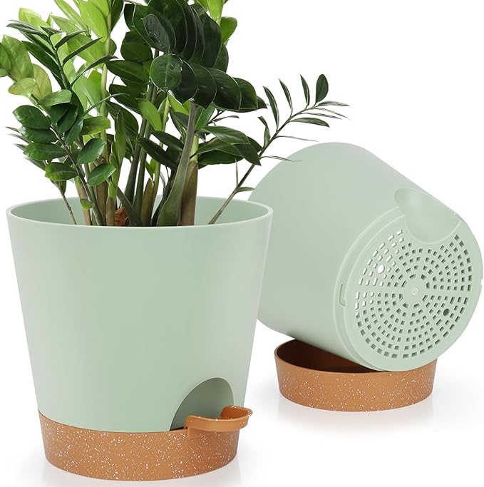 8-Inch Plant Pots, Self-Watering Planters with Drainage Holes & Saucers for Indoor and Outdoor Plants (2-Pack, Green)