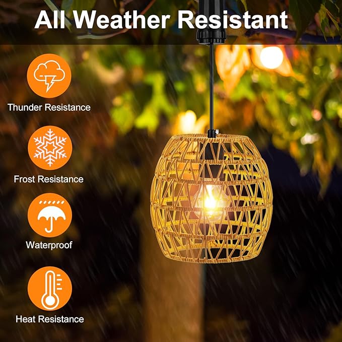 Battery Operated Outdoor Hanging Light with 6 Hours Timer, Outdoor Indoor Pendant Chandelier Rattan Lantern Waterproof Lamp Edison Bulb Lights for Gazebo Porch Garden Patio Home Decoration