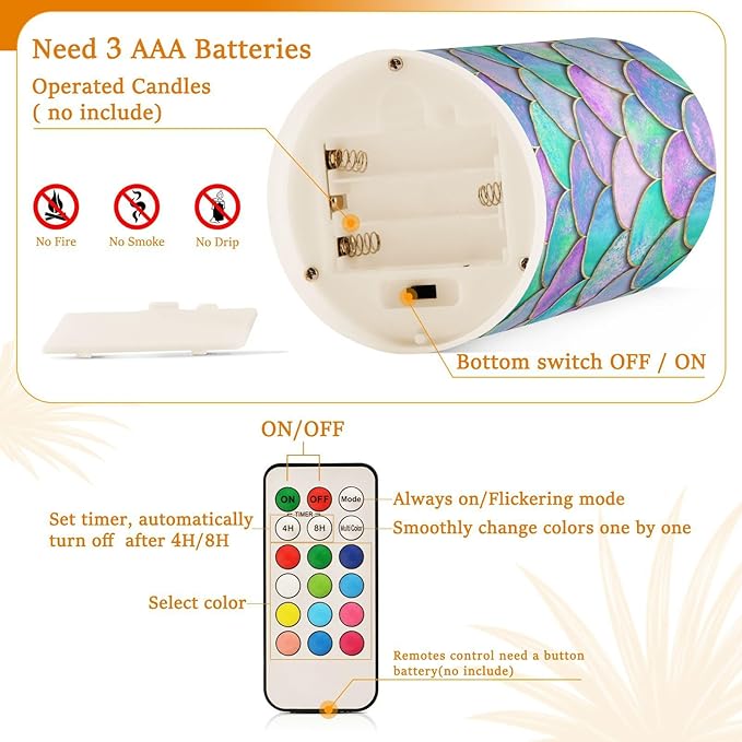 Vdsrup Flameless Candles Set of 2 Purple Teal LED Candles with Timer Battery Operated Mermaid Scale Candle Lights Flickering with Remote for Home Bedroom Decor