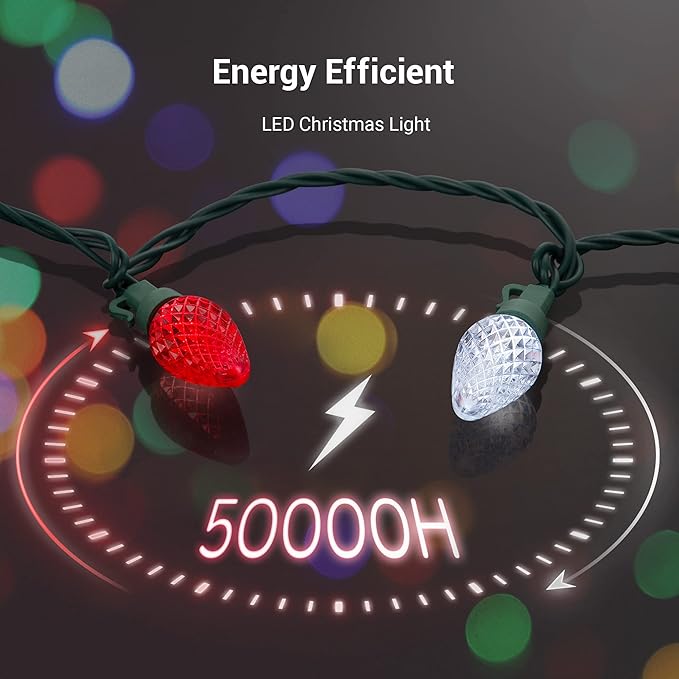 DEWENWILS C7 LED Christmas Lights Outdoor, 33.3ft 50LED Christmas String Lights, Outdoor Decorations for Christmas Tree, Patio, Garden, Yard, Green Wire, Red & White, UL Listed