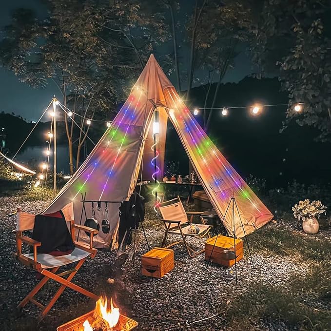 Camping Lantern with 49.2FT String, 2 in 1 Outdoor RGB String Lights with 4 Modes & 5 Modes Rechargeable Camping Lamp IPX4 Waterproof Portable LED Tent Light for Outdoor Yard Garden Decoration