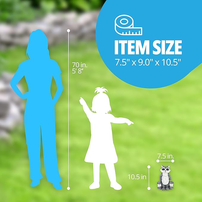 Exhart Garden Sculpture, Raccoon Solar Garden Statue with 2 Jars, 16 LED Firefly Lights, Outdoor Garden Decoration, 7.5 x 9 x 10.5 Inch