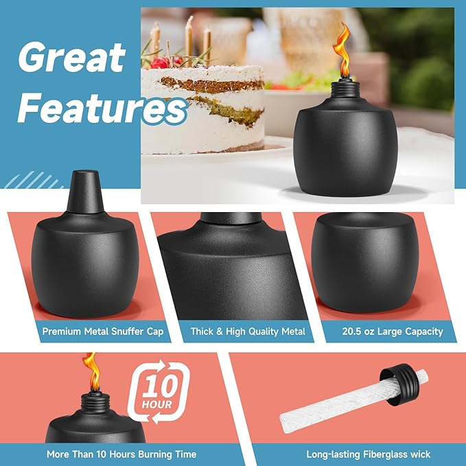 6-Pack Citronella Tabletop Torches, 21.5 oz Table Top Torches for Outdoor, Metal Oil Burner Candles, Garden Torches with Fiberglass Wick for Yard, Patio, Deck, Garden, Party, Landscape