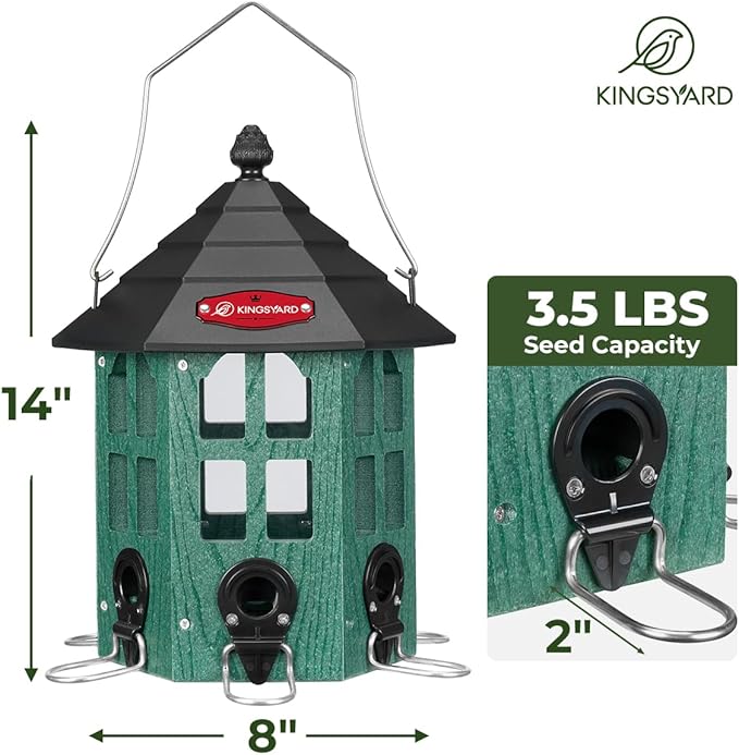 Kingsyard Wild Bird Feeder for Outdoor Hanging, Recycled Plastic Bird Feeders with 6 Ports & U-Shape Perch, Garden Yard Outside Decoration, 3.5 lbs Seed Capacity, Green