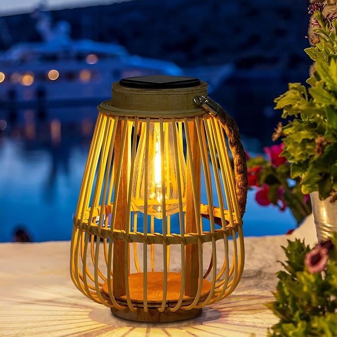 Solar Lanterns Outdoor Hanging Lights Waterproof Rattan Bamboo Solar Powered Light with Twine Handle Decorative Garden Table Lamp for Patio Yard Tabletop Tree Pathway Home Decoration