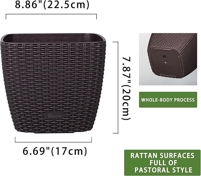 Dexceder 9x8 Self Watering Planter Indoor Outdoor, Inner Mat Design, Thickened Table Flower Plant Pot with Water Level Indicator (Brown Rattan)