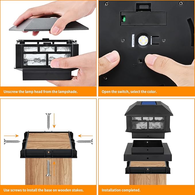 Solar Post Lights Outdoor, 20LM Fence Post Cap Lights,Waterproof, 2 Light Modes, Fit 3.5x3.5in 4x4in 5x5in Wooden Post, Solar Power Deck Lights for Garden Deck Patio Decoration（Black 4Pack）