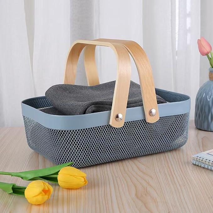 Metal Mesh Steel Basket, Storage Organizer Baskets Garden Harvest Basket Multi-functional Kitchen Fruit Baskets Bin with Wooden Handle for Bathroom Picnic Shopping Decor Cabinet Home, Blue