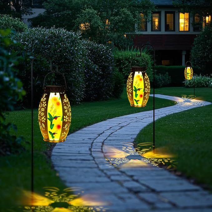 Hummingbird Solar Lanterns Outdoor Waterproof,Stained Glass & Metal Solar Lantern,Hanging Solar Lantern with Hollowed-Out Design,Hummingbird Tabletop Lamp Solar Lights for Yard Garden Patio