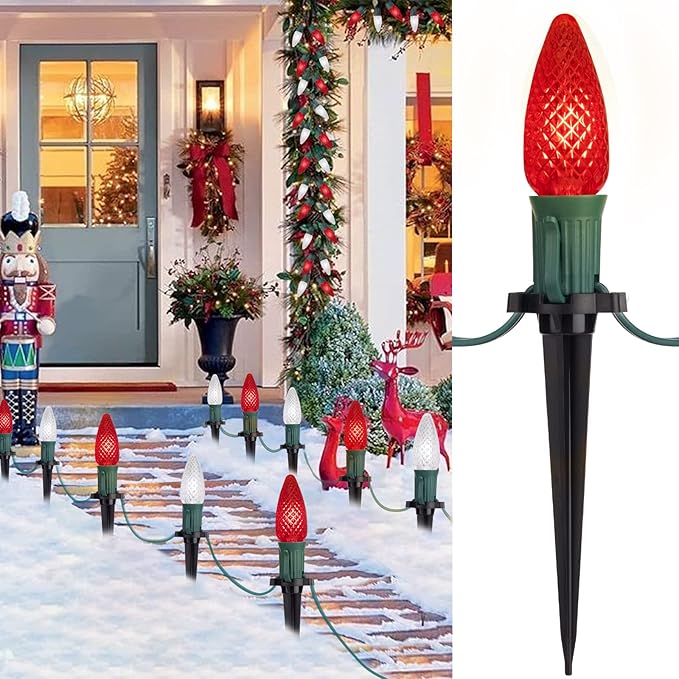 C9 LED Christmas Lights Outdoor with Stakes, 25.7 Feet 20 LED C9 Strawberry String Lights, Connectable Shatterproof Pathway Lights Marker for Path, Lane, Patio, Xmas Holiday Decorations, Red and White