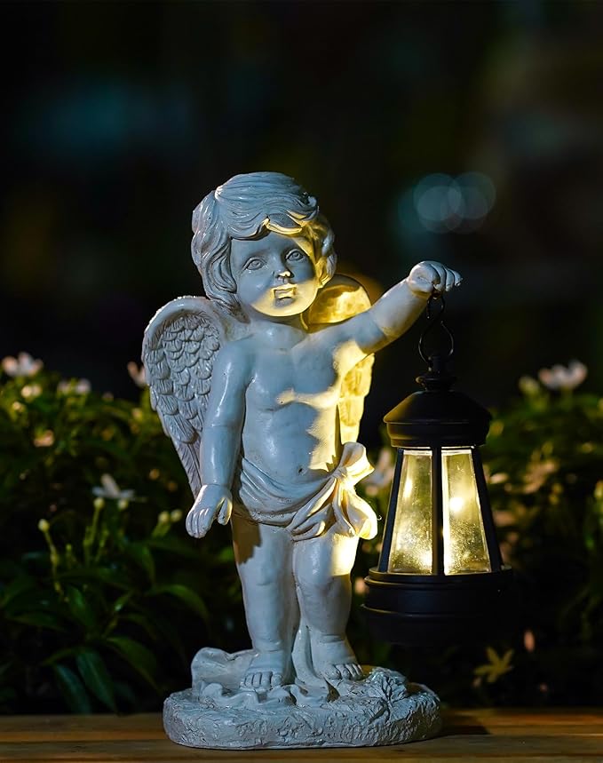 Goodeco Cherub Statue with Solar Lantern - Angel Statue for Garden Patio Yard Porch Lawn Outdoor Decor, Angel Figurines Memorial Spiritual Gifts