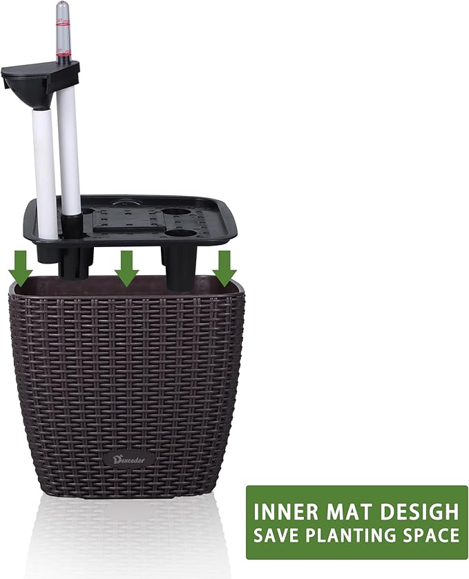 Dexceder 9x8 Self Watering Planter Indoor Outdoor, Inner Mat Design, Thickened Table Flower Plant Pot with Water Level Indicator (Brown Rattan)