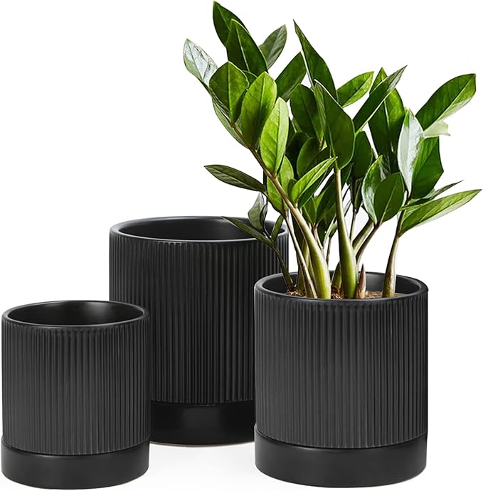 LaDoVita 3 Pack Ceramic Plant Pots 6/5/4 inch, Flowerpot for Indoor Plants with Drainage Holes and Tray, Outdoor Garden Planters, Modern Decorative for Home, Black Vertical Stripes