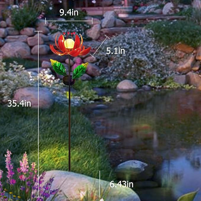 Solar Lights Outdoor Wind Spinners, Metal Lotus Flower Garden Decor with Waterproof LED Crackle Glass Globe for Patio Lawn Yard Outdoor Decor