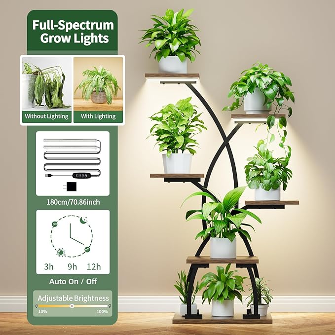 JUSTOGO Plant Stand Indoor with Grow Lights - 6 Tiered Plant Shelf Indoor, 36“ Corner Shelves for Plants Multiple, Metal Curved Flower Holder Display Rack for Patio, Balcony, Home Decor