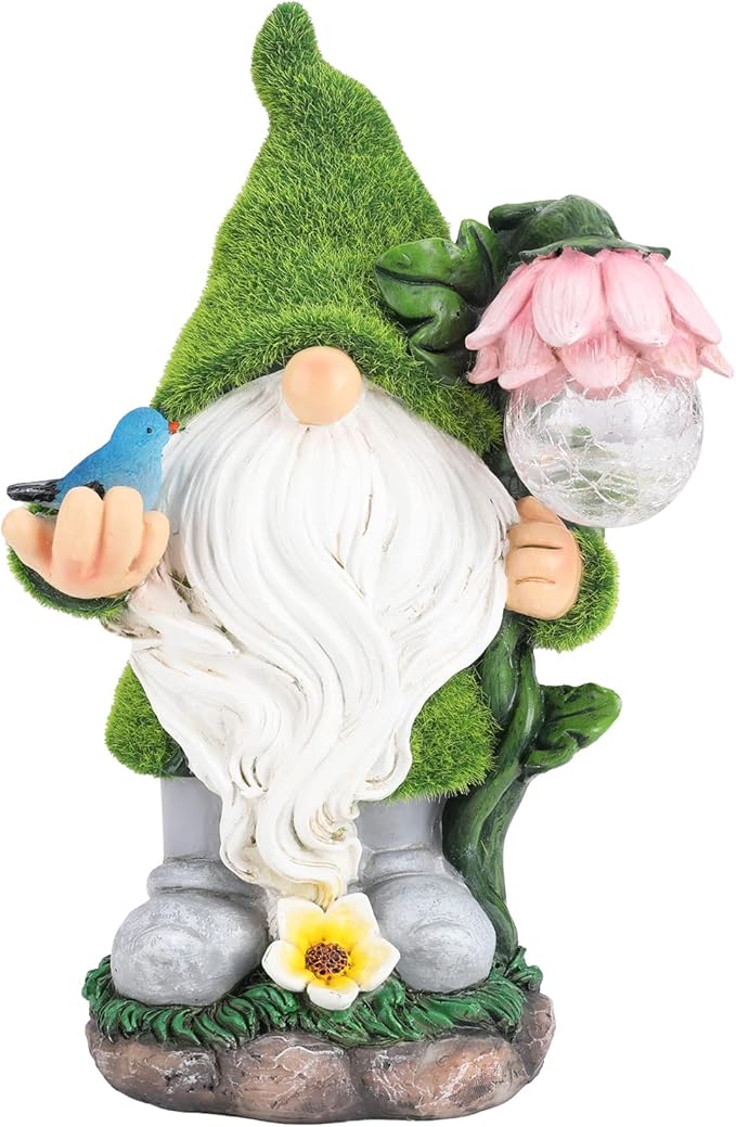 Garden Gnome Statue - Funny Gnome Decoration Hold Flower with Solar Crackle Glass Globe Lights, Resin Gnome Figurine Ornament for Patio Yard Lawn Porch Outdoor Decor
