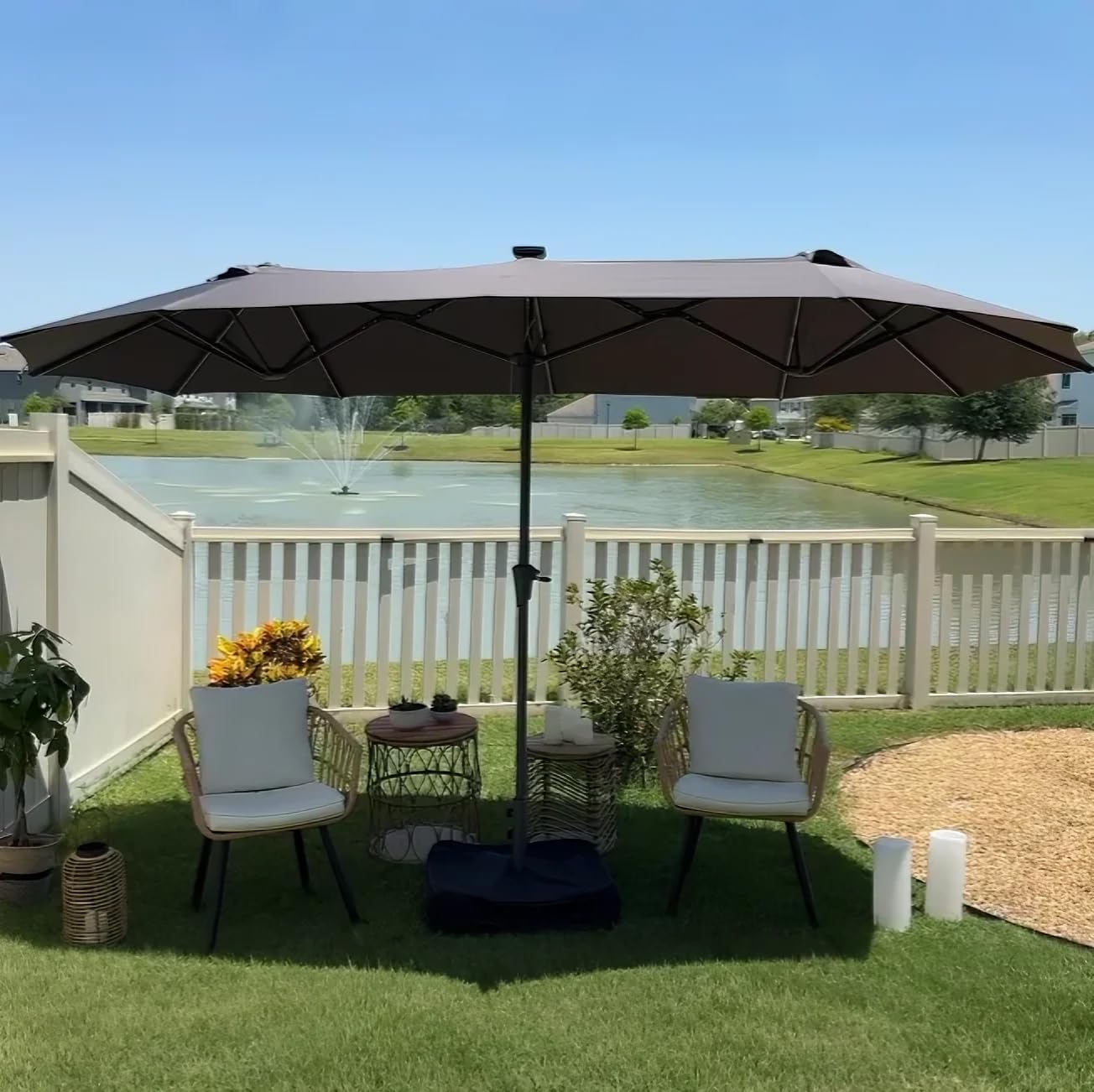 PURPLE LEAF 14ft Patio Umbrella with Solar Lights Outdoor Double-Side Market Umbrella with Base Included Rectangle Table Umbrella for Pool Garden Backyard, Grey