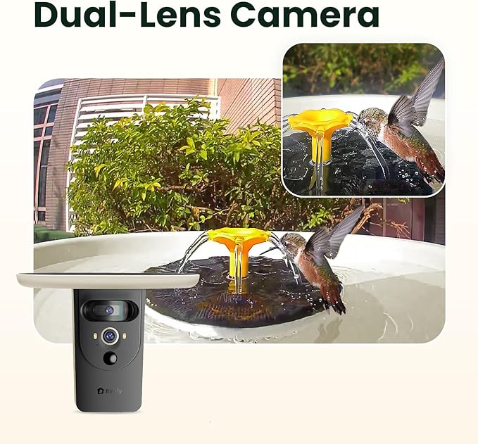 Birdfy Smart Bird Bath with Camera Solar Powered & Fountain, Dual-Lens Camera for Wildbird Watching, Auto Capture Bird Videos & Motion Detection - AI Lifetime Version (Yellowstone)