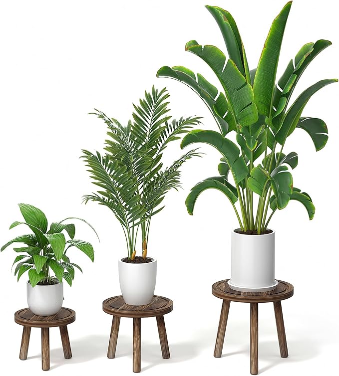 3-Pack Wood Plant Stands Indoor, Single Plant Stand for 6-12 Inch Pots, Mid-Century Modern Plant Stool, Tall Plant Stand for Large Plants for Living Room, Balcony, Office (Dark Brown)