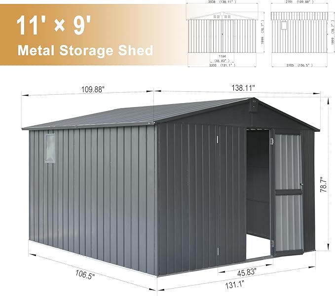 Domi Outdoor Storage Shed 11’ x 9’, Metal Sheds with Galvanized Steel Frame & Windows & Lockable Door, Garden Shed Tool Storage Room for Patio, Grey