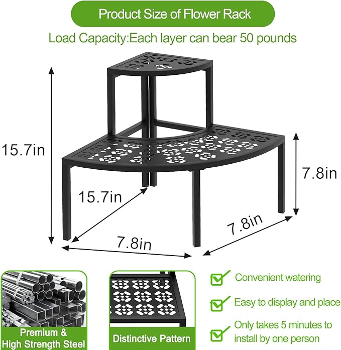aboxoo 2 Tier Plant Stand Flower Pot Rack for Patio,Metal Stair-Step Style Corner Shelf Planters,Hevay Duty Plant Stand,Quarter Round Display Holder for Indoor Outdoor Use(Black)