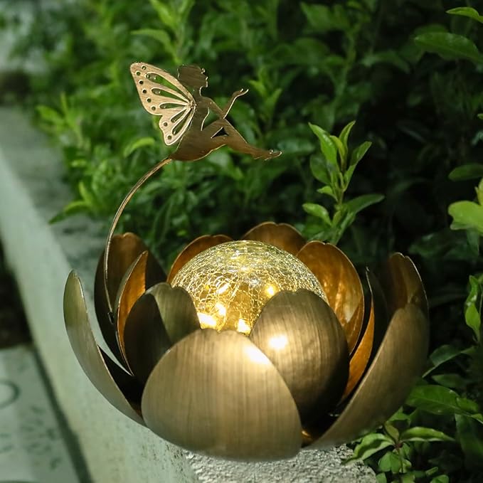 MUMTOP Solar Lights Fairy Garden Decor, Waterproof Metal Solar Lanterns Outdoor Crackle Globe Glass Lotus Flower Table Lamp for for Patio Pathway Yard Balcony Garden Decorations