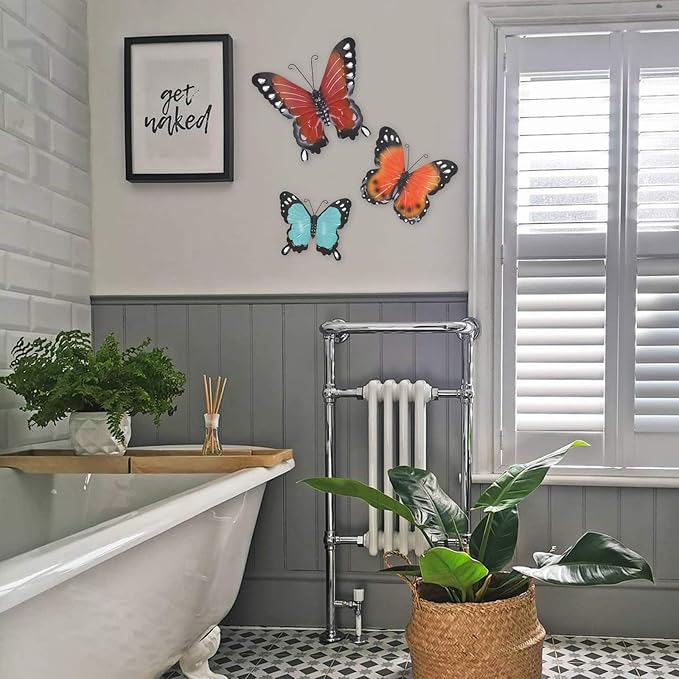 EASICUTI Metal Butterfly Wall Decor Butterfly Wall Art Hanging Sculpture For Indoor Outdoor Home Bathroom Living Room Bedroom Or Porch Patio Fence Orange Red Blue Set Of 3