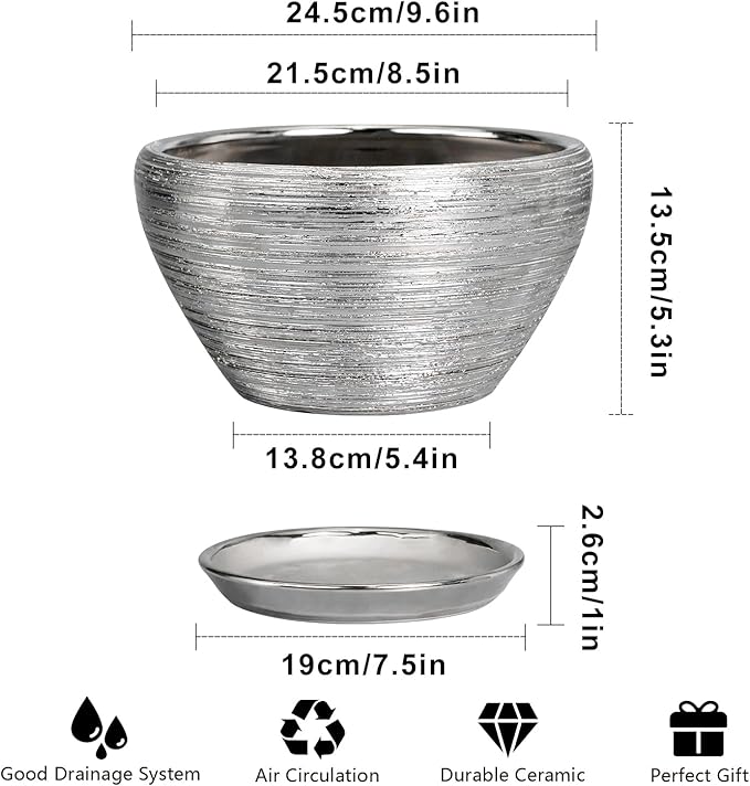 Pot for Plants 9 Inch - Ceramic Plant Pot Indoor with Drainage Hole and Saucer Round Planter for Indoor Plants Modern Decorative Flower Pot for Home Decor Silver